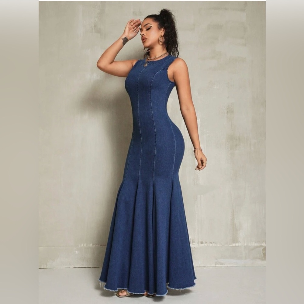 SHEIN Dark Blue Denim Mermaid Maxi Dress